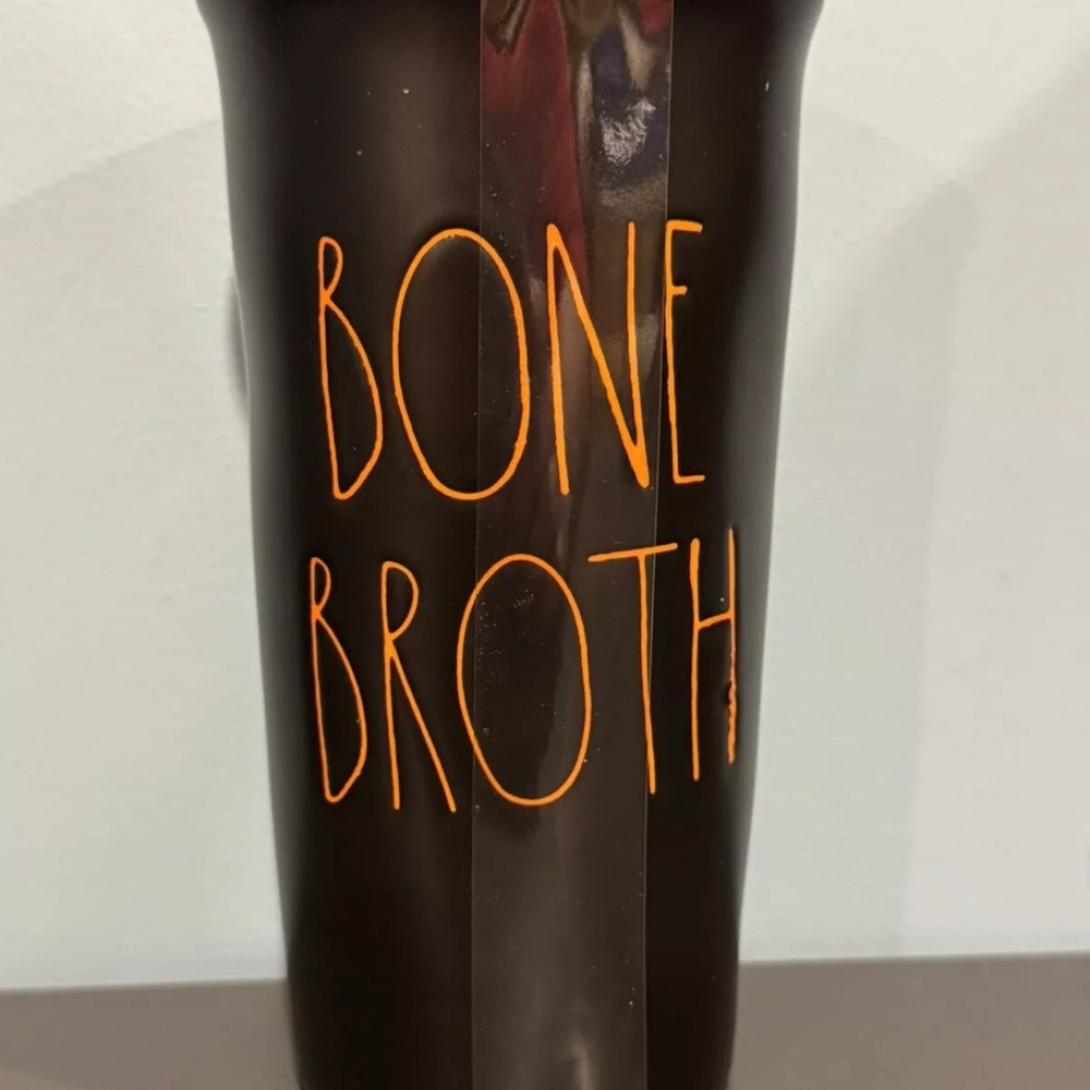 Rae Dunn BONE BROTH Black Ceramic Halloween Travel Mug 12 Oz Tumbler Cup w/ Lid